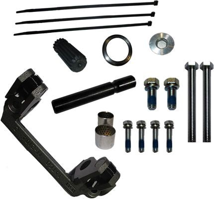 Collection of mechanical parts including a black metal arm, bolts, and washers on a white background