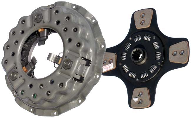 Two clutch plates, one gray and one black with metallic components, on a white background.