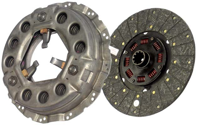Clutch kit with clutch disc and pressure plate on a white background