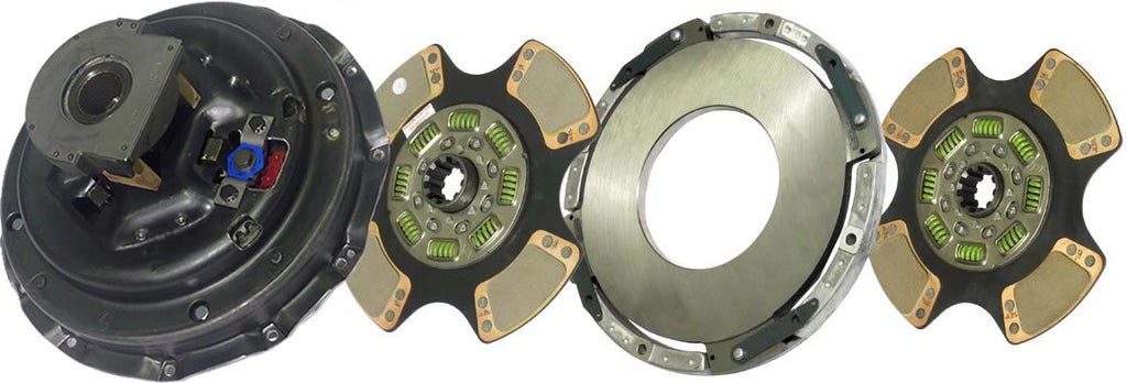 Clutch kit components including a pressure plate and clutch disc on a white background