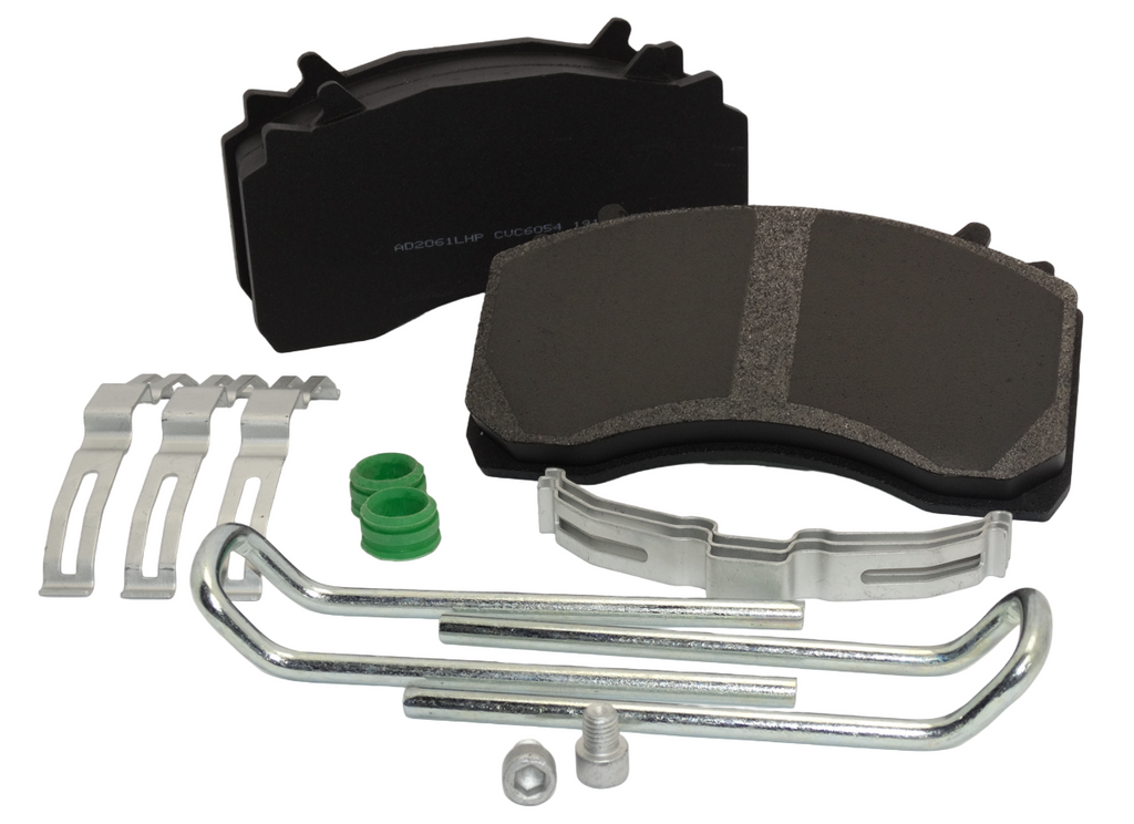 Brake pad set with metal components on a white background