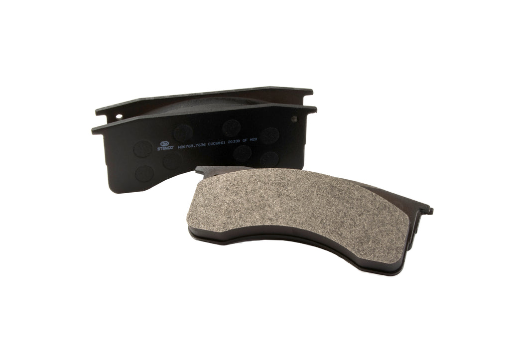 Set of brake pads with a black plastic backing plate on a white background