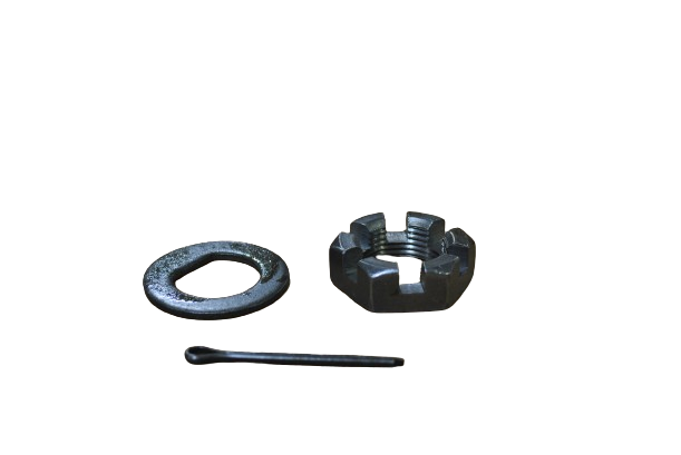 Three metal components on a white background