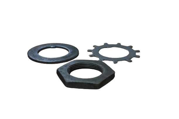 Three black metal washers on a white background