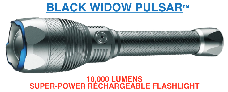Black Widow Pulsar flashlight with 10,000 lumens on a white background